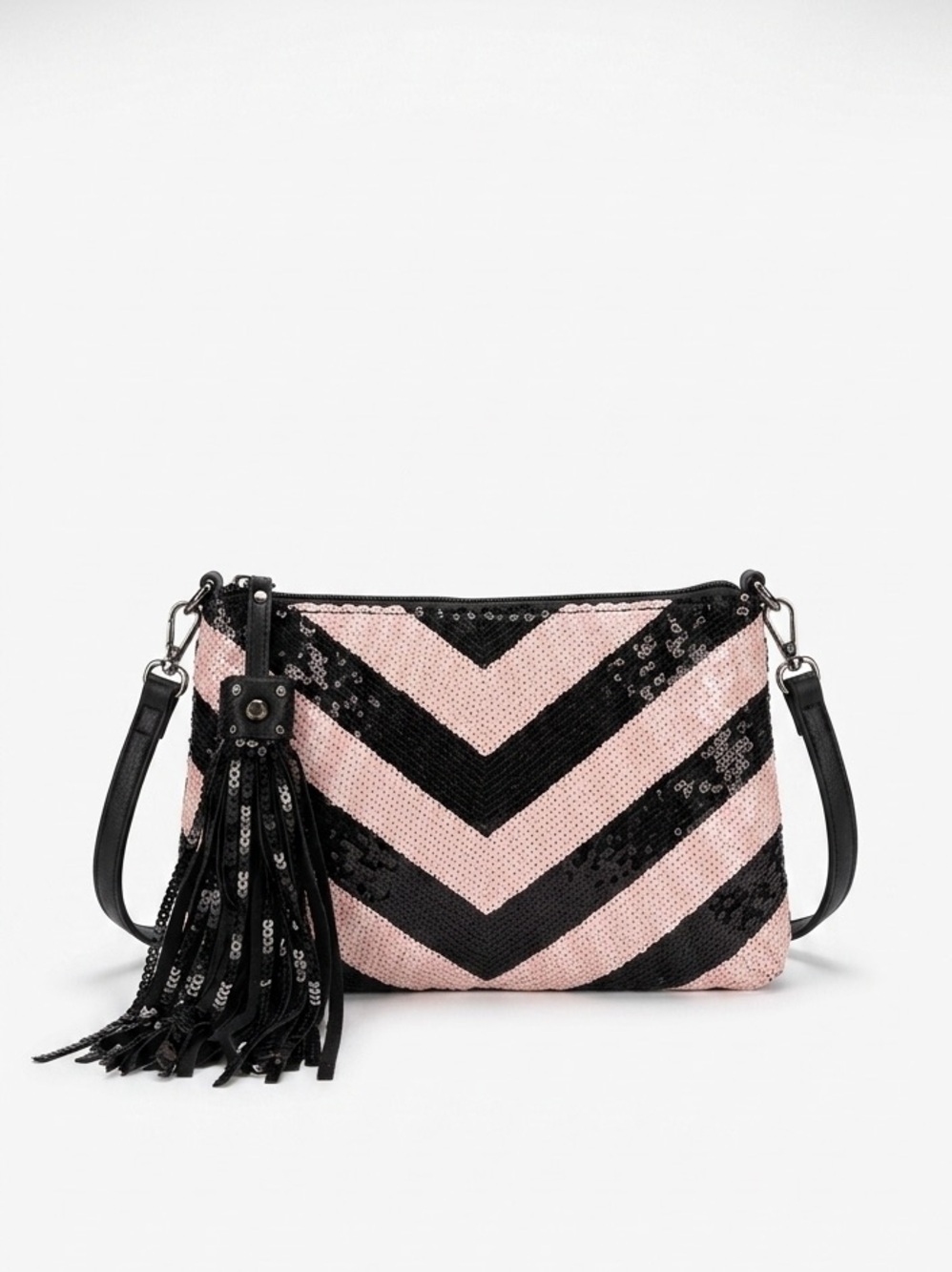 Women's Chevron Crossbody Bag in Black and Light Pink